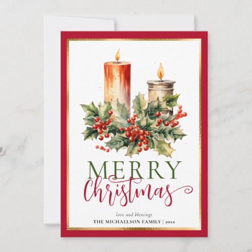 Modern Elegant Watercolor Candle Merry Christmas Holiday Card