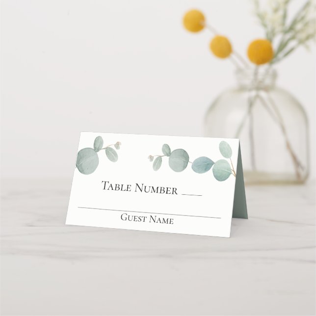 Modern Elegant Watercolor Eucalyptus Greenery Place Card (Front)