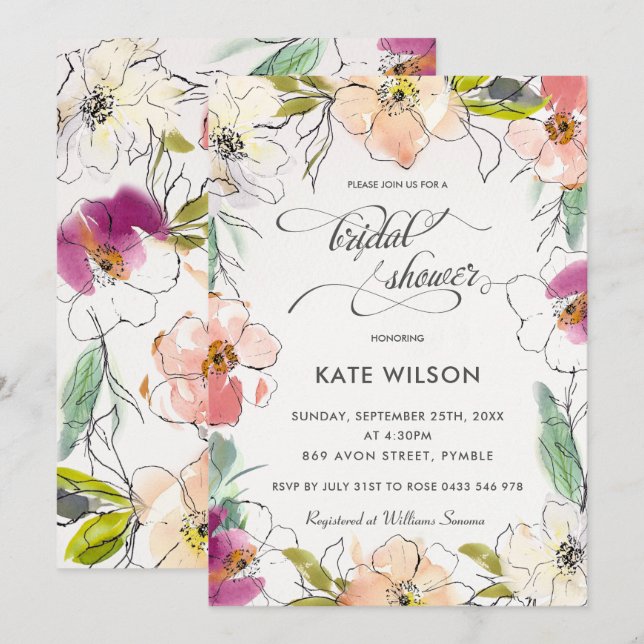 Modern Elegant Watercolor Floral Bridal Shower Invitation (Front/Back)