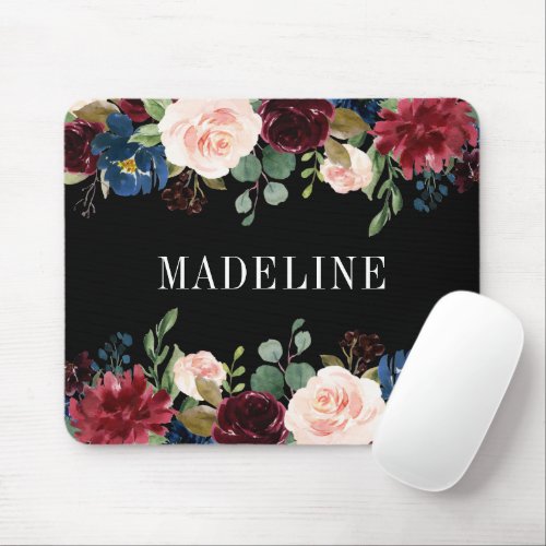 Modern Elegant Watercolor Floral Fashionable Black Mouse Pad