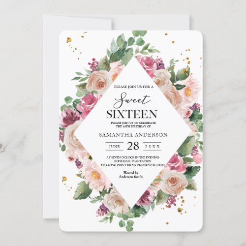 Modern Elegant Watercolor Floral Frame  Gold Dots Invitation