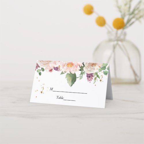 Modern Elegant Watercolor Floral Frame  Gold Dots Place Card