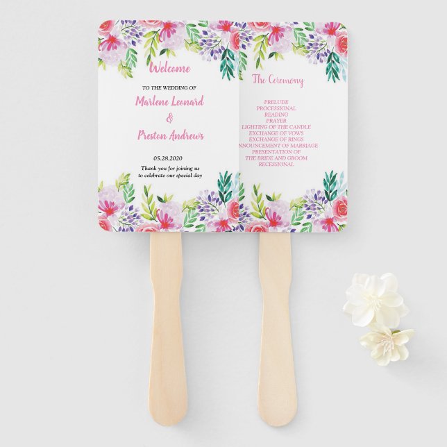 Modern elegant watercolor floral Wedding Program Hand Fan (Front and Back)