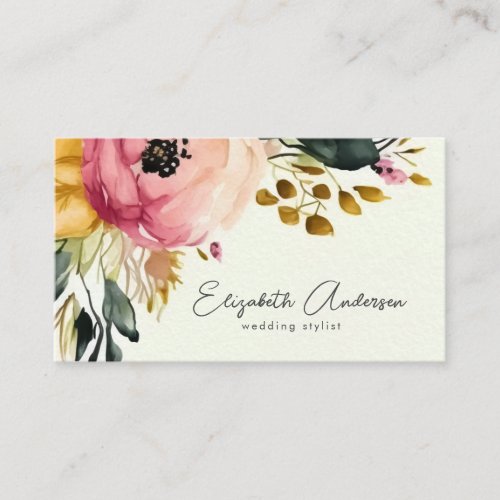 Modern Elegant Watercolor Floral Wedding Stylist  Business Card