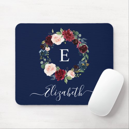 Modern Elegant Watercolor Floral Wreath Monogram Mouse Pad