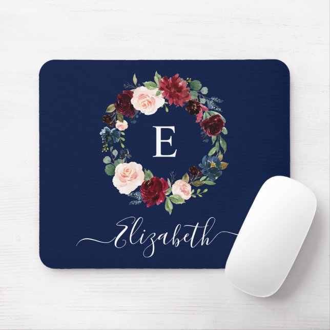 Modern Elegant Watercolor Floral Wreath Monogram Mouse Pad (With Mouse)