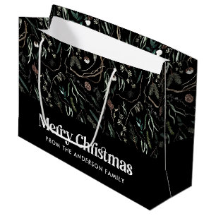Modern elegant watercolor foliage black Christmas Large Gift Bag