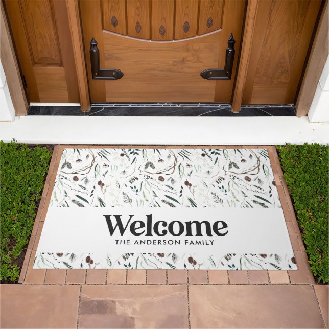  Modern elegant watercolor foliage welcome Doormat (Outdoor)