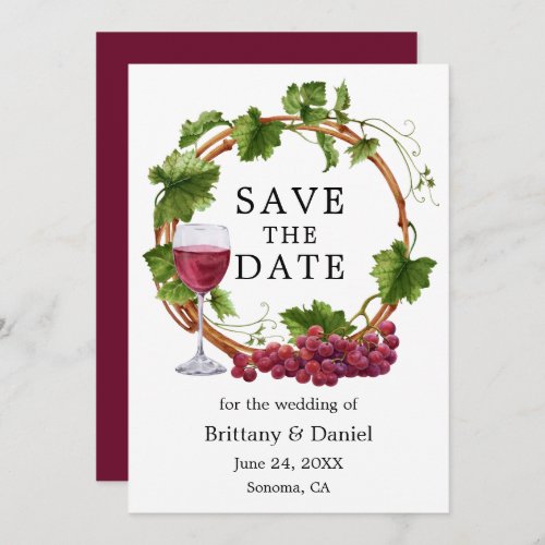 Modern Elegant Watercolor Grape Vines Wreath Save The Date