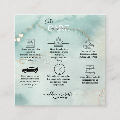 Modern Elegant Watercolor Green and Gold Cake Care Square Business Card