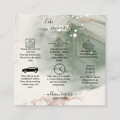 Modern Elegant Watercolor Green and Gold Cake Care Square Business Card