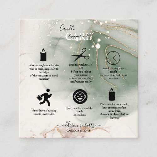 Modern Elegant Watercolor Green  Candle Care  Square Business Card