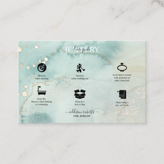 Modern Elegant Watercolor Green Jewelry Care  Busi Business Card (Front)