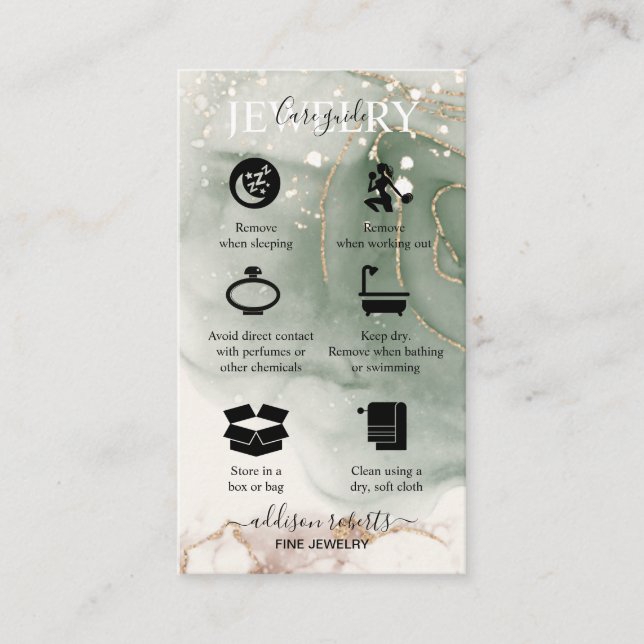 Modern Elegant Watercolor Green  Jewelry Care Business Card (Front)