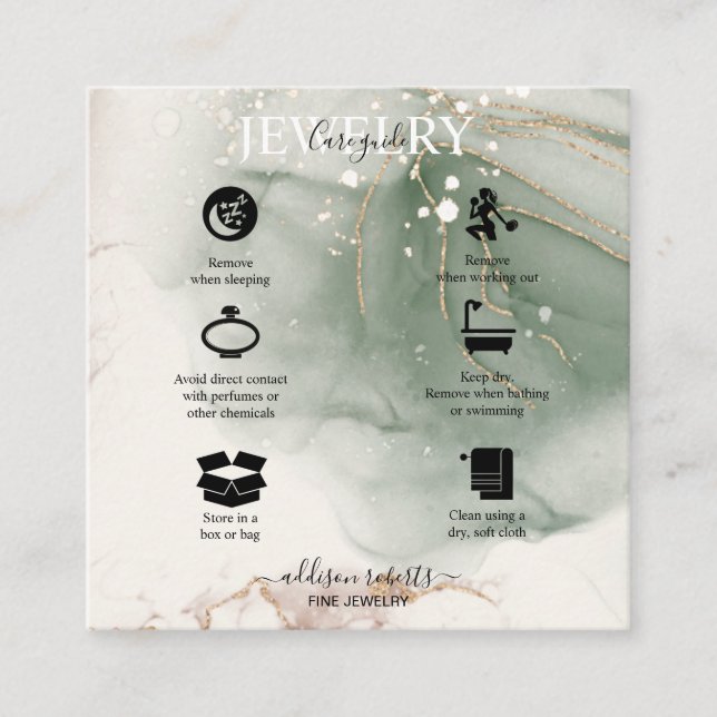 Modern Elegant Watercolor Green Jewelry Care Square Business Card (Front)