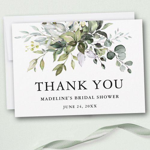 Modern Elegant Watercolor Greenery Bridal Shower Thank You Card