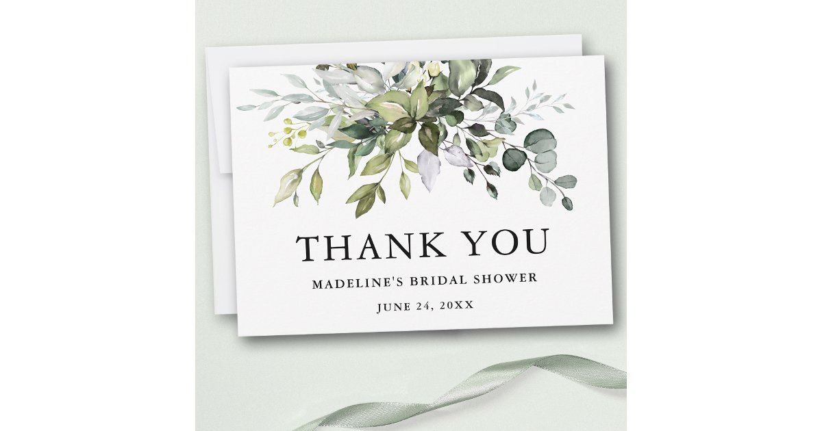 Modern Elegant Watercolor Greenery Bridal Shower Thank You Card | Zazzle