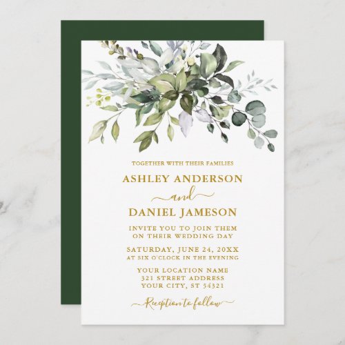 Modern Elegant Watercolor Greenery Gold Wedding Invitation