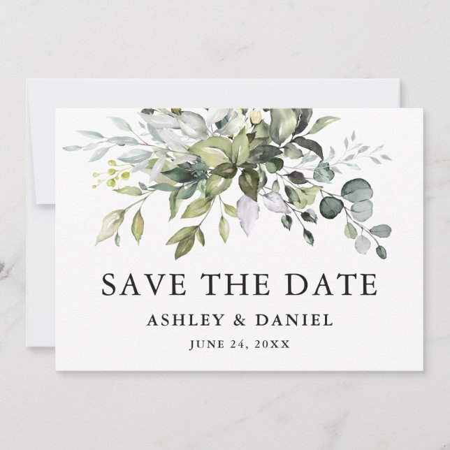 Modern Elegant Watercolor Greenery Save The Date (Front)