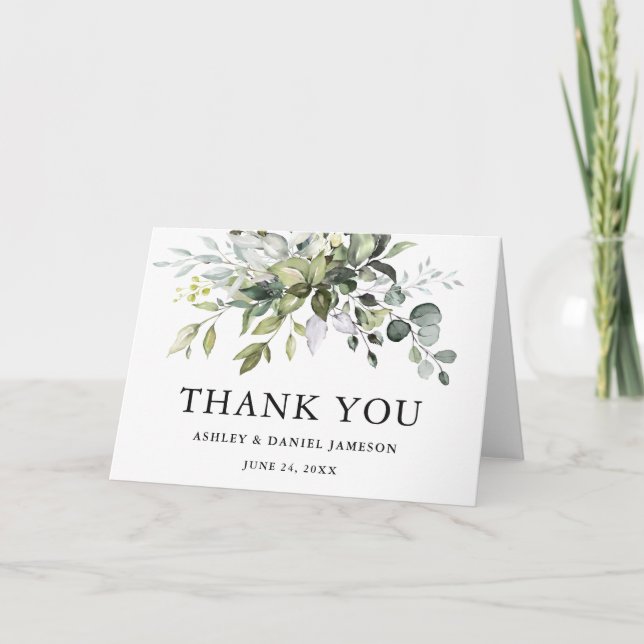Modern Elegant Watercolor Greenery Wedding Folded Thank You Card (Front)
