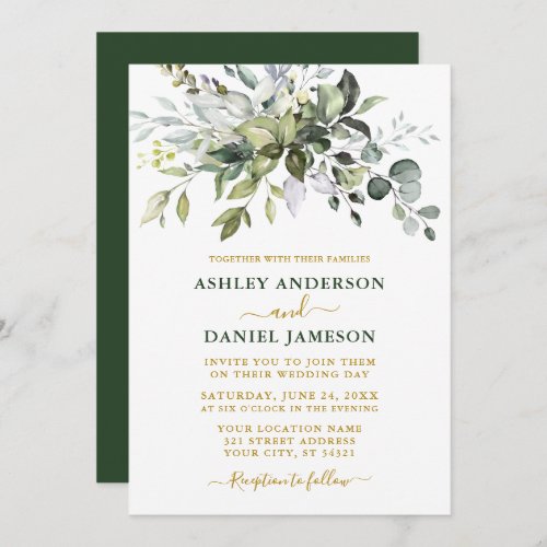 Modern Elegant Watercolor Greenery Wedding Gold Invitation