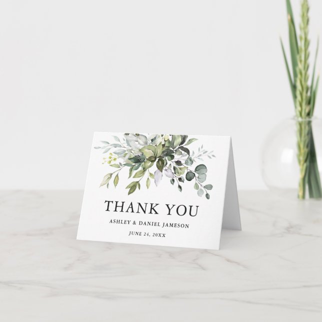 Modern Elegant Watercolor Greenery Wedding Note Thank You Card (Front)