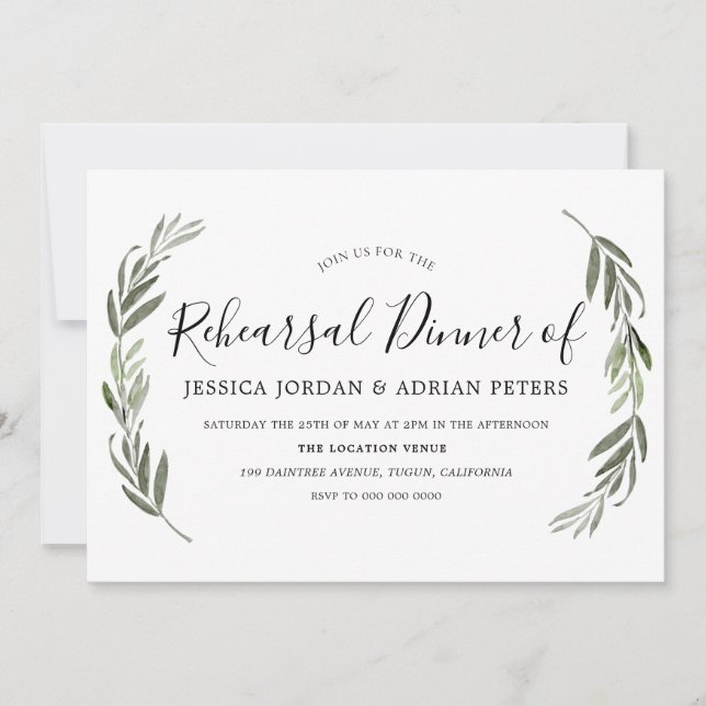 Modern Elegant Watercolor Leaf Rehearsal Dinner Invitation (Front)