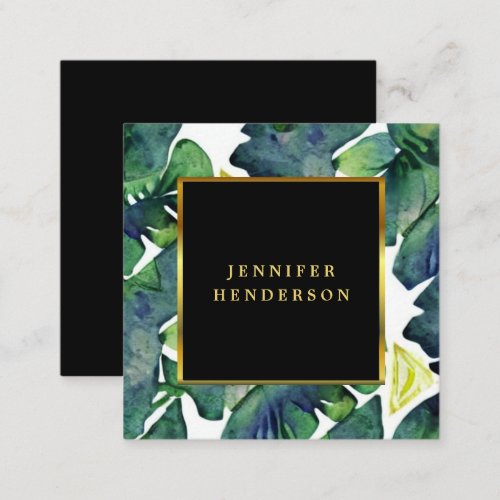 Modern elegant watercolor leaves professional square business card