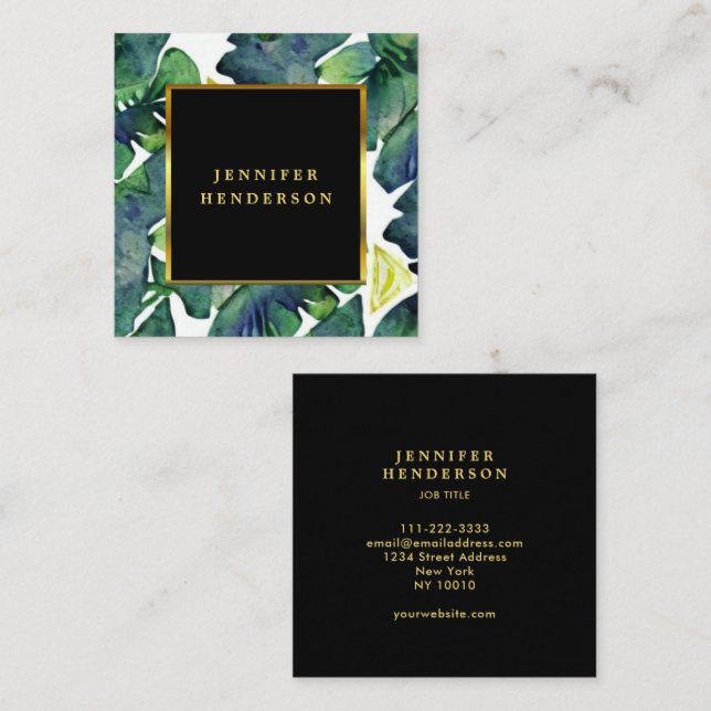 Modern elegant watercolor leaves professional square business card (Front/Back)