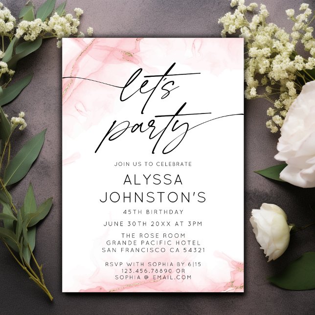  Modern Elegant Watercolor Let's Party Blush Pink Invitation (Creator Uploaded)