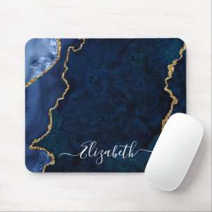 Modern Elegant Watercolor Marble Blue Geode Gold Mouse Pad