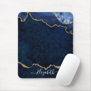 Modern Elegant Watercolor Marble Geode Blue Gold Mouse Pad