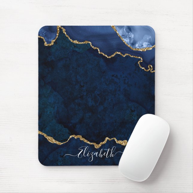 Modern Elegant Watercolor Marble Geode Blue Gold Mouse Pad (With Mouse)