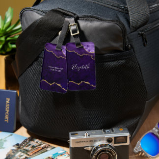 Modern Elegant Watercolor Marble Geode Purple Gold Luggage Tag
