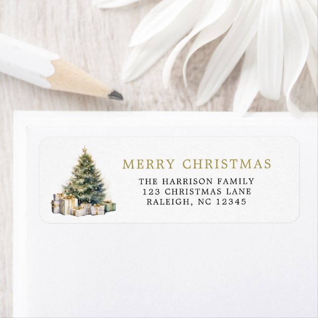 Modern Elegant Watercolor Merry Christmas Tree  Label (Insitu)