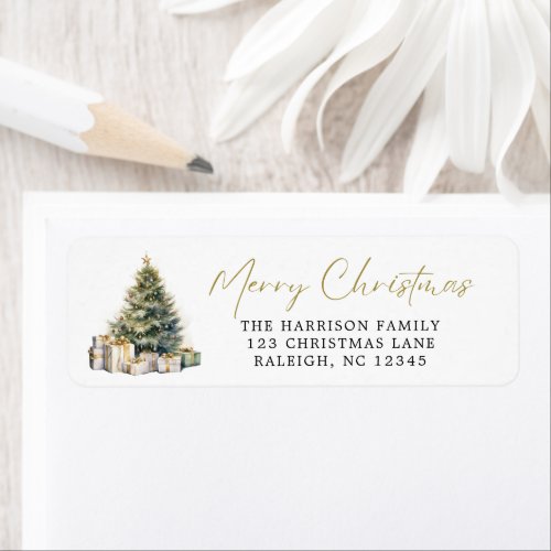 Modern Elegant Watercolor Merry Christmas Tree  Label