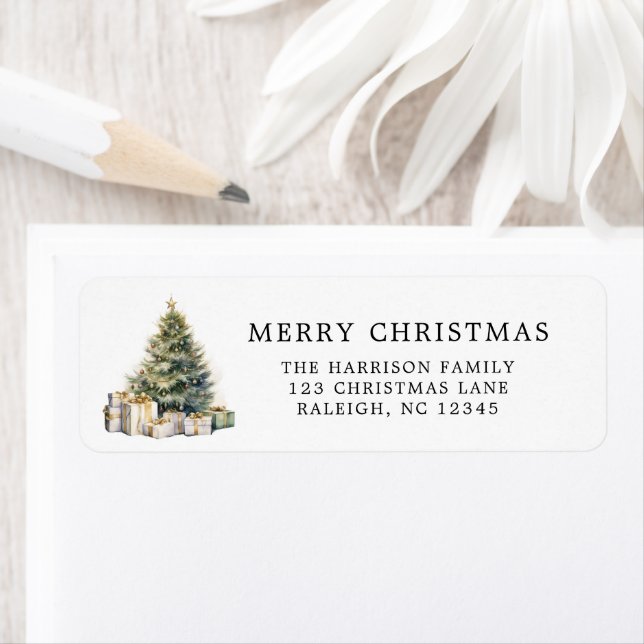 Modern Elegant Watercolor Merry Christmas Tree  Label (Insitu)