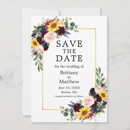 Modern Elegant Watercolor Mixed Floral Gold Frame Save The Date