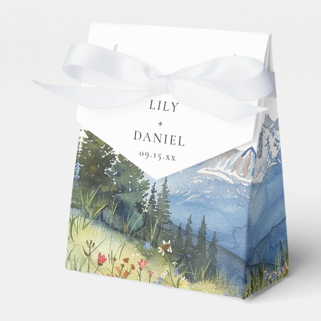 Modern Elegant Watercolor Mountain Wedding Favor Boxes (Front Side)