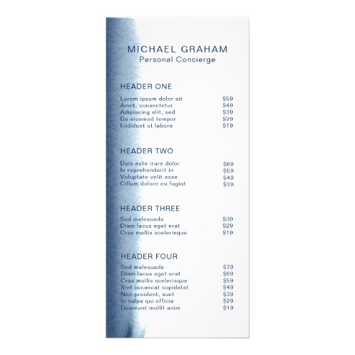 Modern Elegant Watercolor Navy Blue Price List Rack Card