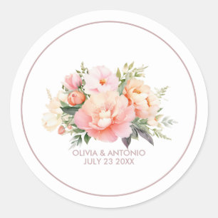 Modern Elegant Watercolor Peonies White Wedding Classic Round Sticker