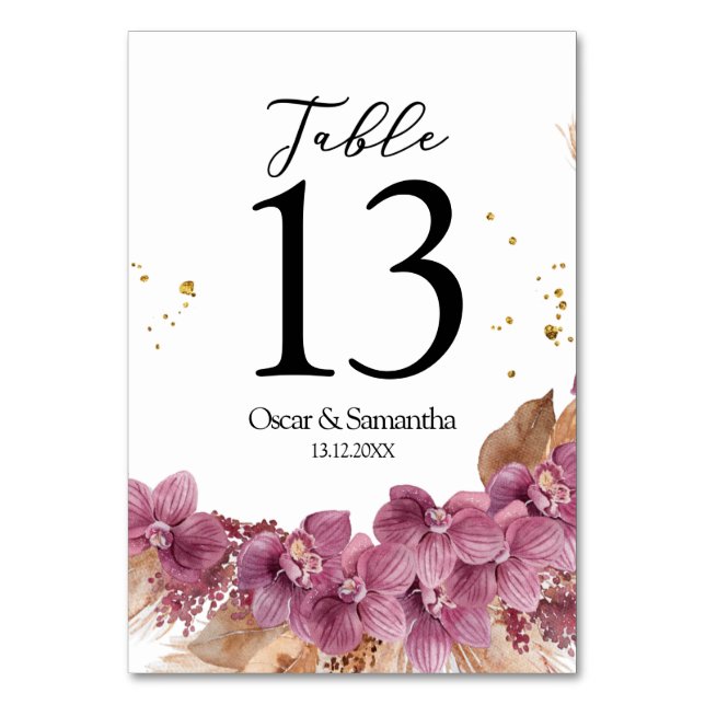 Modern Elegant Watercolor Pink Orchid & Pampas Table Number (Front)