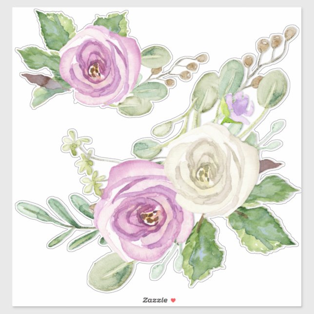 Modern Elegant Watercolor Purple White Rose Floral Sticker (Sheet)