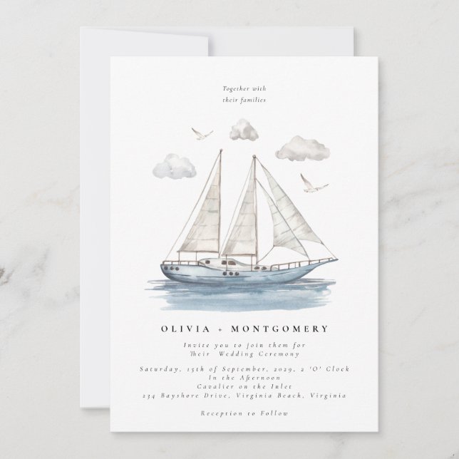 Modern Elegant Watercolor Sailing Yacht Wedding  Invitation (Front)