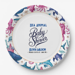 Modern elegant  watercolor Sea animal baby shower5 Paper Plates