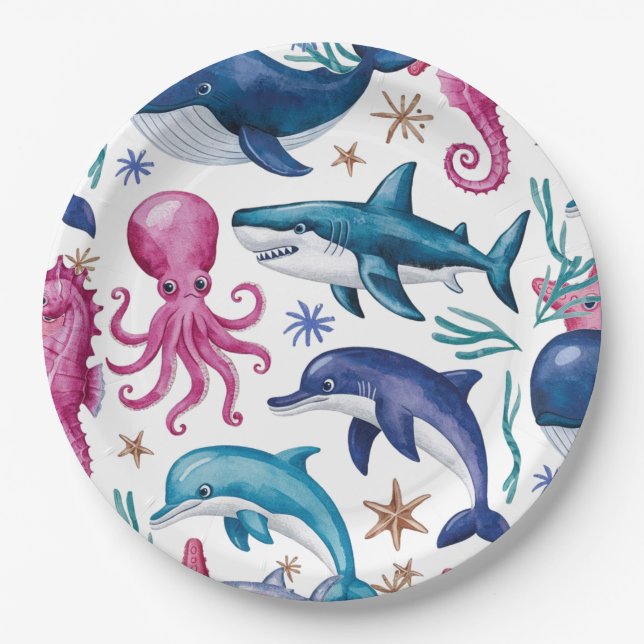 Modern elegant  watercolor Sea animal baby shower6 Paper Plates (Front)