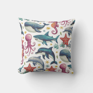 Modern elegant watercolor Sea animals 2 Throw Pillow