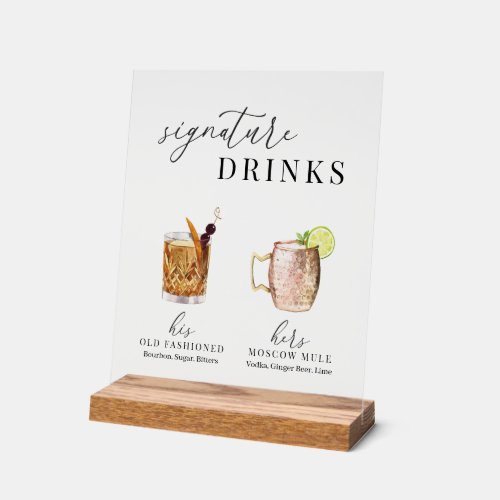 Modern Elegant Watercolor Signature Drinks Acrylic Sign