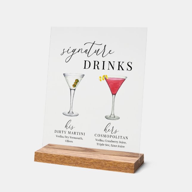 Modern Elegant Watercolor Signature Drinks Acrylic Sign (Angle)