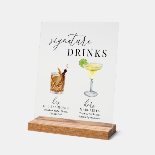 Modern Elegant Watercolor Signature Drinks Acrylic Sign